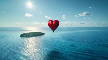 Fototapeta premium A heart-shaped balloon is seen flying gracefully over a small island in the distance, creating a striking contrast against the clear blue sky.
