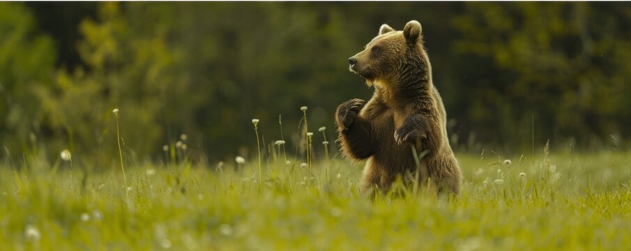 A brown bear looking for prey is in a meadow in the forest