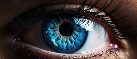 A detailed view of a single blue human eye with the focus on the iris, set against a solid black...