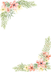 Watercolor floral border. Flower pink rose, green leaves. Wedding concept with flowers. Floral poster, invite. Spring wildflower arrangements
