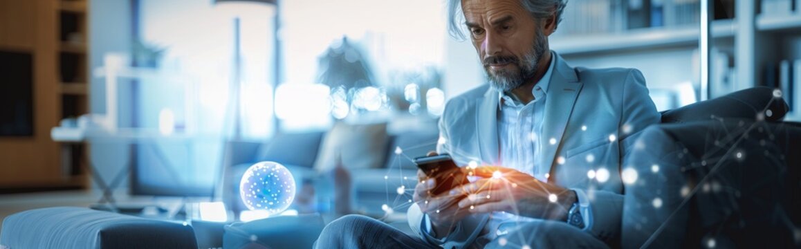 Man Engaging with Advanced Technology at Home.