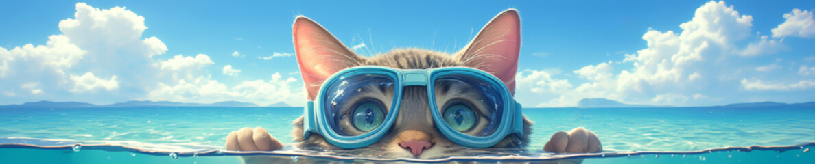 Cat wearing goggles and a swimsuit about to dive into the sea dy