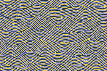 Wavy seamless pattern. Fantasy ethnic background. Water print. Vector abstract illustration. Hand drawn rough lines in blue and yellow.