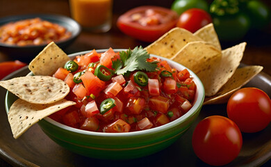 Red tomato spicy salsa with chips, generative ai