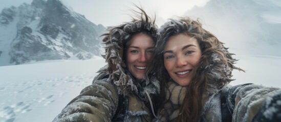 Two women are taking a self-portrait photo in a snowy environment with a majestic mountain in the distant background - Powered by Adobe