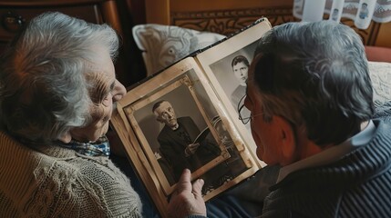 Fototapeta na wymiar Old couple getting emotional looking at their old photos together from the album