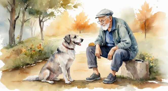 Watercolor painting elderly man an his dog