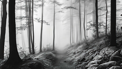 Path in the foggy forest - Black and white artwork