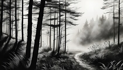 Path in the foggy forest - Black and white ink drawing
