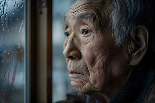An elderly Asian man gazes out a window in a nursing home, looking contemplative and melancholic. Concept Loneliness, Contemplation, Sadness, Nursing Home, SeniorCitizen - Powered by Adobe