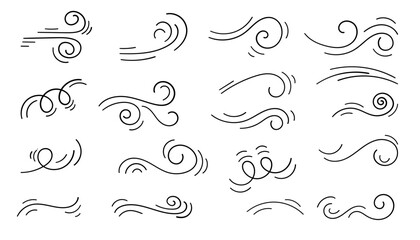 Doodle Wind Hand drawn style collection. Set of Wind Blow, Gust Design. Vector Illustration isolated on white background