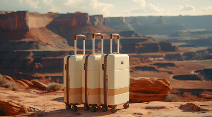 Three Suitcases Standing on Desert Overlook at Golden Hour