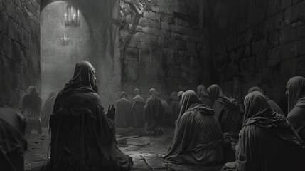 Prisoners kneeling before the king, whose face was invisible in the darkness, begging for forgiveness
