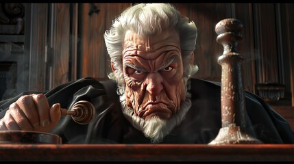 the angry face of the judge as he rattles his gavel to announce his decision at the end of the trial - obrazy, fototapety, plakaty
