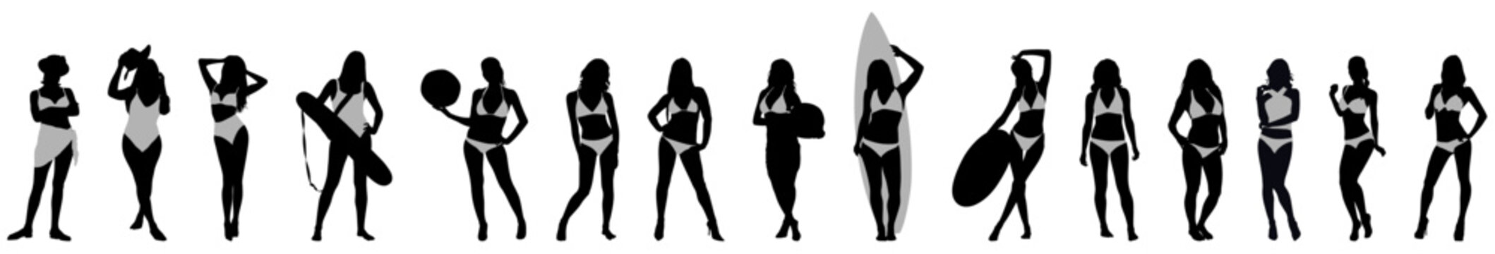 Beach people vector set female silhouette