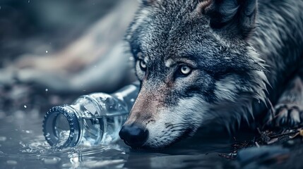 The helplessness of the wolf trying to drink the water in the bottle