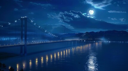 The magnificent view created by the midnight illumination of the long bridge built in the middle of the sea separating the two sides of the city