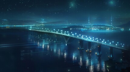 The magnificent view created by the midnight illumination of the long bridge built in the middle of the sea separating the two sides of the city - obrazy, fototapety, plakaty