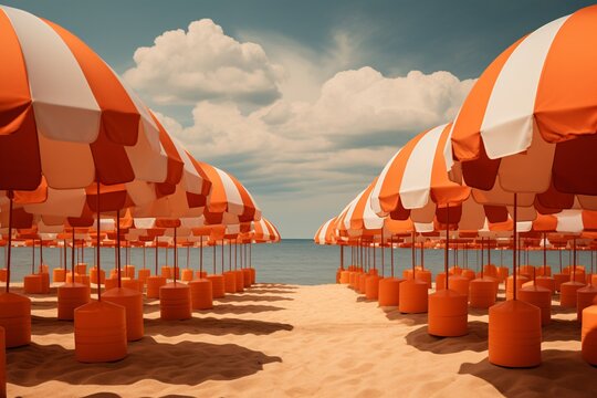 a group of orange and white umbrellas on a beach