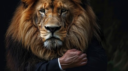 The noble stance of the lion caressed by its owner  - obrazy, fototapety, plakaty