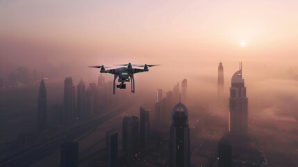 Obraz premium Drone is seen flying above a city enveloped in thick fog. The aircraft cuts through the mist, creating a stark contrast against the cityscape below. Lights from buildings and vehicles below are