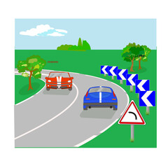 Panneau routier indiquant un virage dangereux avec croisement de deux autos en paysage rural