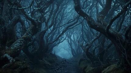A narrow path leads through a dense forest of twisted trees, creating an eerie atmosphere accentuated by the enveloping mist.
