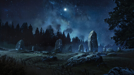 A megalithic stone circle comes alive under a celestial starry sky, with the Milky Way illuminating the historical site in a mysterious night. - obrazy, fototapety, plakaty