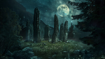A mystical stone circle stands under the enchanting light of a full moon, surrounded by a field of twinkling fireflies on a clear starry night.
