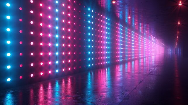 This is a realistic LED screen on stage. Modern illustration of a large LCD display with luminous neon blue and pink dots isolated on a black background. This product can be used in concert halls,