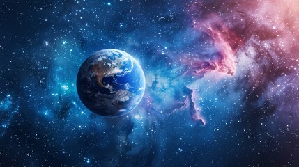 Fototapeta premium This scene showcases the Earth suspended in space, surrounded by a multitude of stars in the sky. The Earth appears vivid and detailed, while the stars illuminate the dark backdrop.
