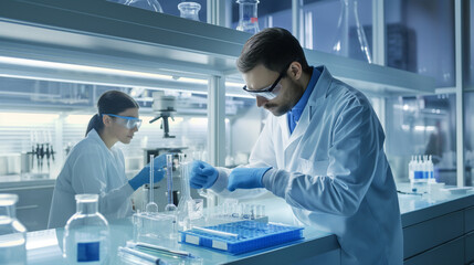 Researchers Analyzing Samples in Laboratory, two scientists in lab coats conducting research in a modern lab.