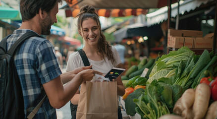A happy customer with a paper bag full of vegetables is paying at the market counter using their credit card to make an online cashless payment - Powered by Adobe