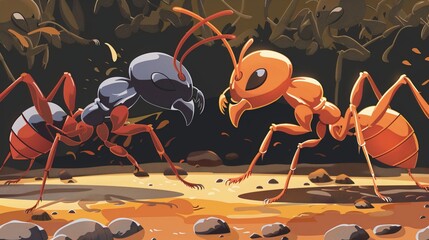 vector illustration. cartoon background. armies of ants facing each other for war