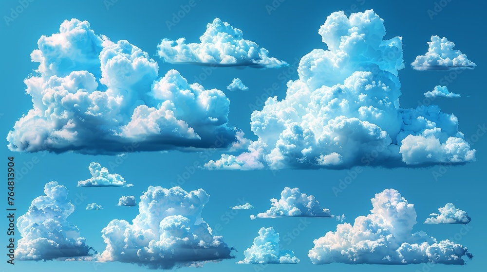 Poster a set of different transparent clouds, illustrated in modern form