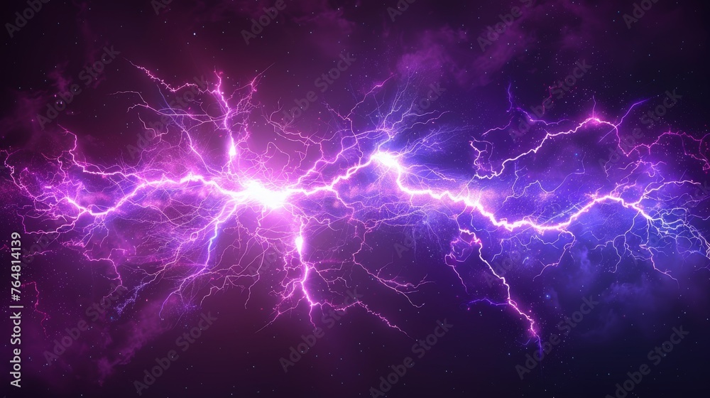 Poster A flash of lightning and thunder spark on a transparent background. Modern lightning, electricity blast, or thunderbolt in the sky. Natural phenomenon of nerve cells or neural systems.