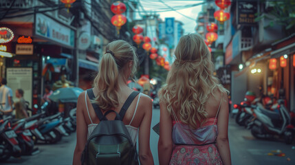 Two blonde tourists on a Bangkok street.