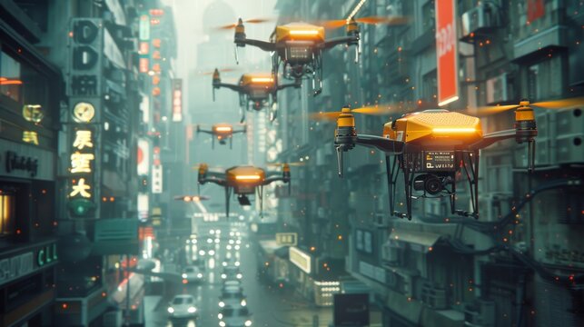 Futuristic city with yellow drons a plethora of towering skyscrapers dominating the skyline. The urban landscape is teeming with advanced architecture and bustling activity, depicting a bustling
