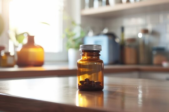 Medicine bottle with white pills on table in kitchen