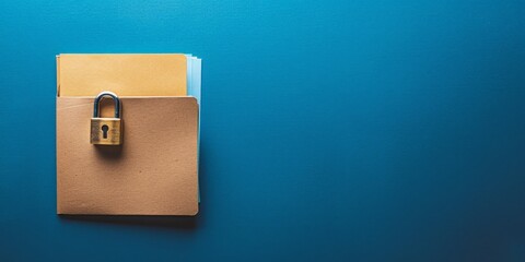 Document folder with padlock on blue background, File security concept