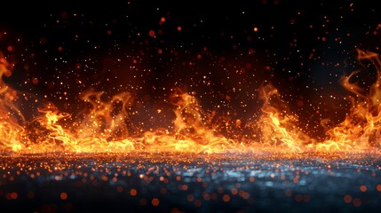 Burning embers glow over black background. Beautiful abstract background featuring embers glowing and flying away particles in the night sky.