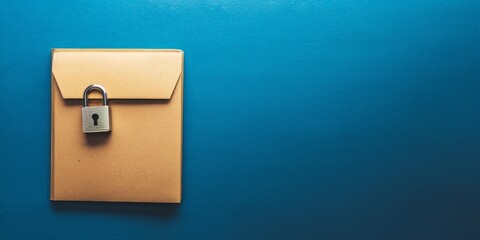 Document folder with padlock on blue background, File security concept