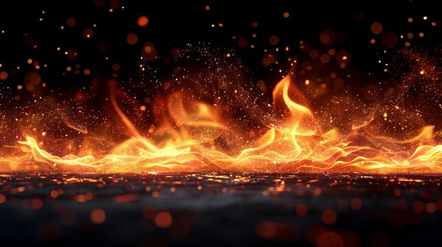 Angular fire spark particles isolated on black background.