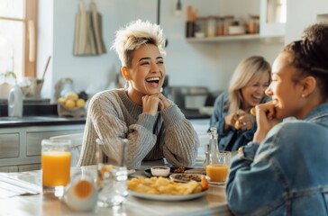 Friends laughing and sharing a pleasant breakfast together in a brightly lit contemporary kitchen, showing happiness