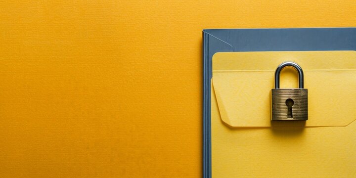 Document folder with padlock on yellow background, File security concept