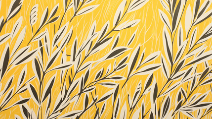 Fond jaune avec des branches et feuilles blanches minimalistes. Arrière-plan pour conception et création graphique.  - obrazy, fototapety, plakaty