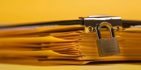 Document folder with padlock on yellow background, File security concept