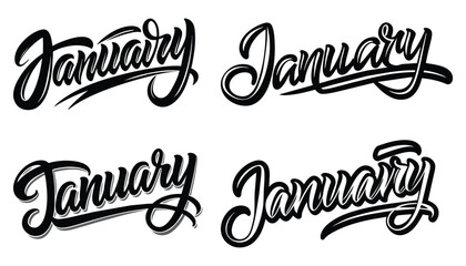 January calligraphy inscription Collection set. Phrase for count of every month. Ink illustration. Modern brush calligraphy. Isolated on white background.