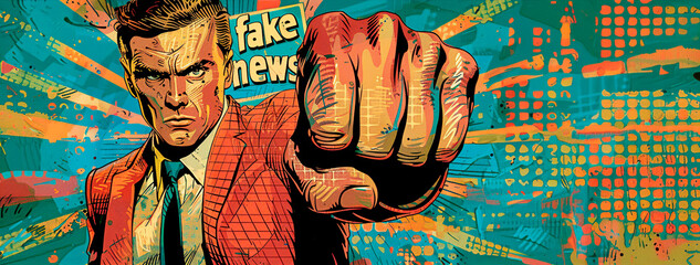 Ilustración pop art estilo comic de personaje golpeando con el puño y texto fake news - obrazy, fototapety, plakaty