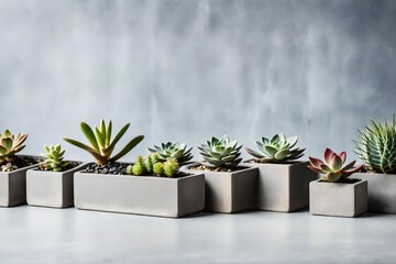 Row of little succulent plants in modern geometric concrete planter - obrazy, fototapety, plakaty
